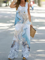 Light Blue Casual Round Neck Printed Loose Two Piece Sets