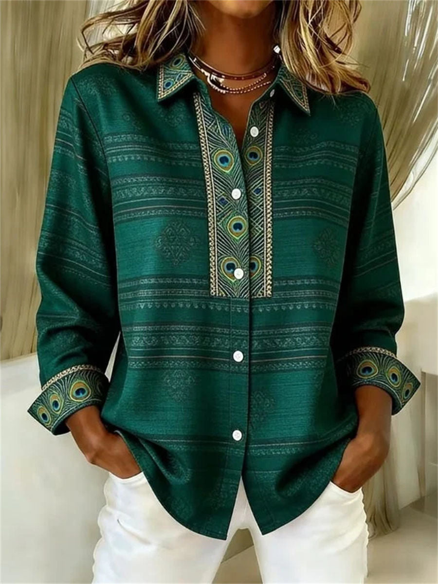 Peacock Feather Print Long Sleeve Blouse