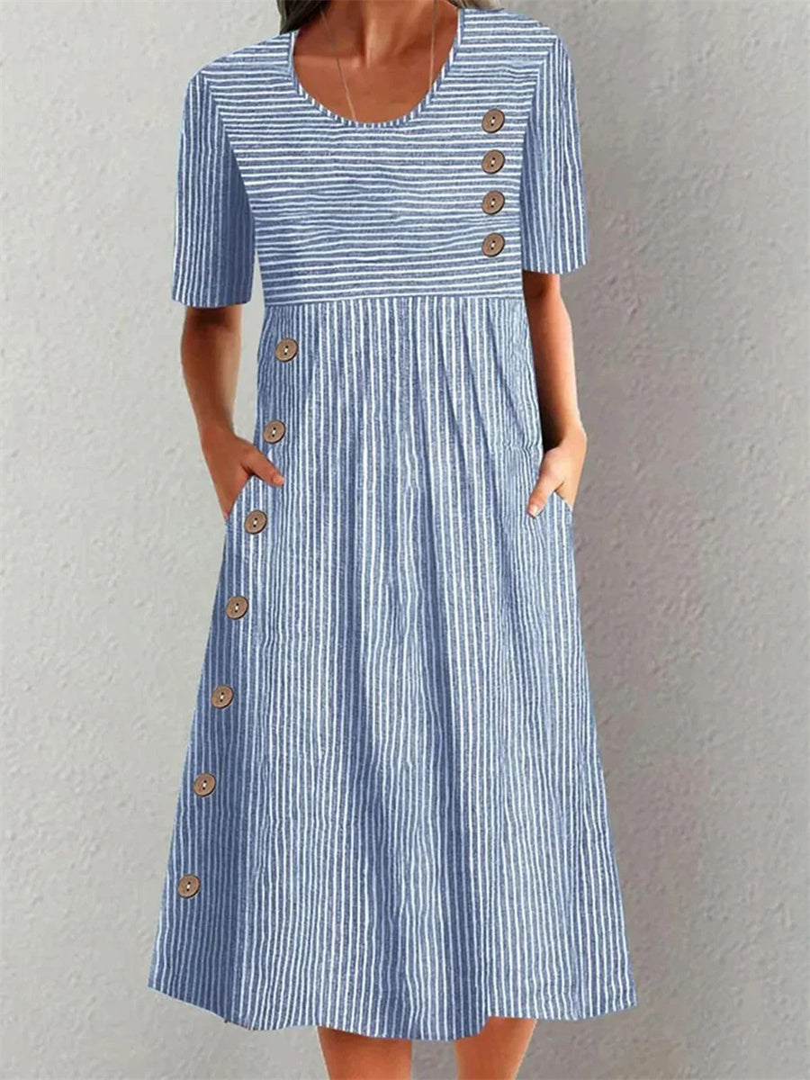 Women's Striped Short Sleeve Button Midi Dress with Side Pockets