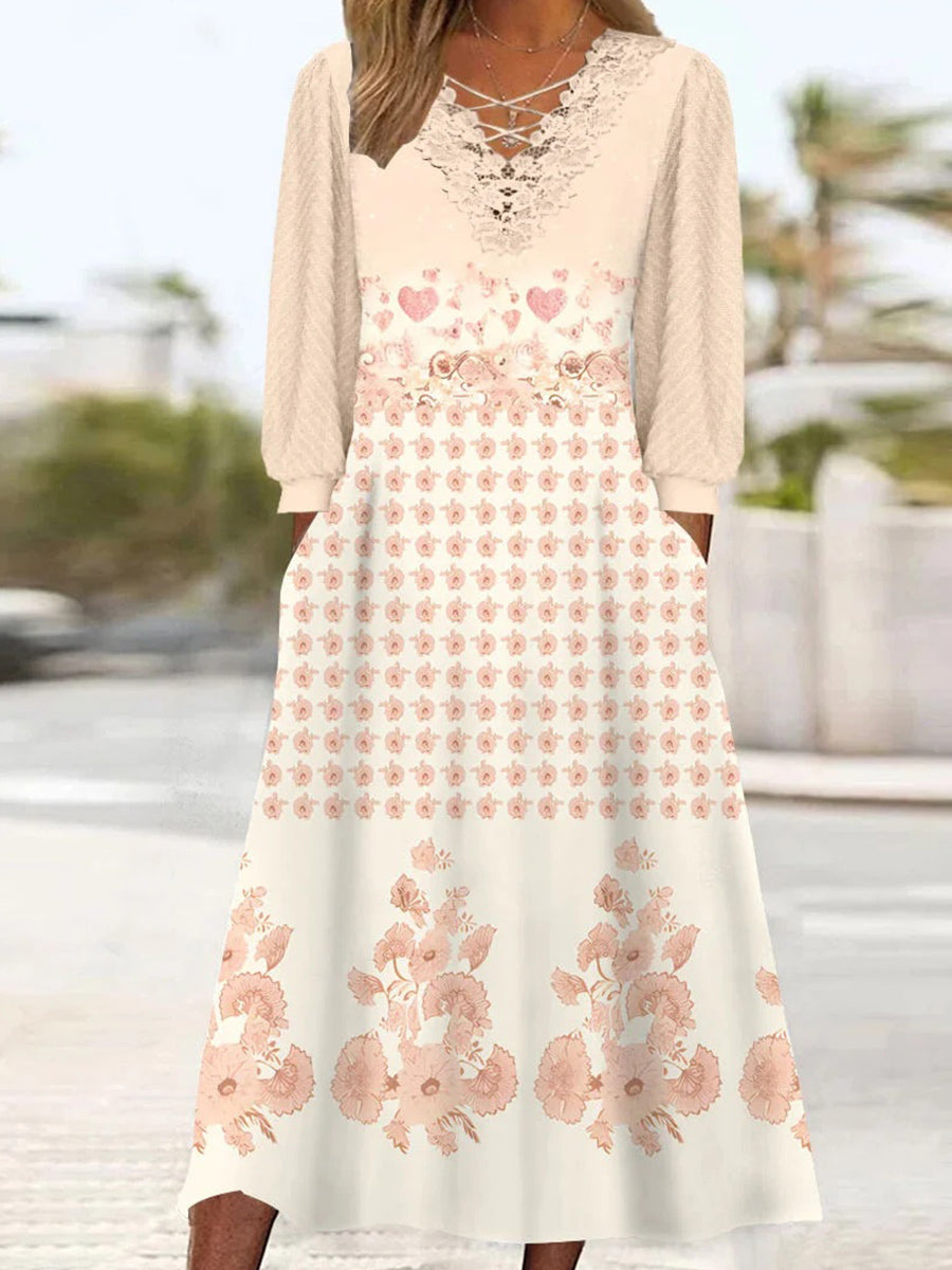 Women's Long Sleeve V-neck Graphic Printed Lace Stitching Midi Dress