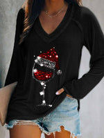 Women's Christmas Wine Glass Print Long Sleeve T-shirt