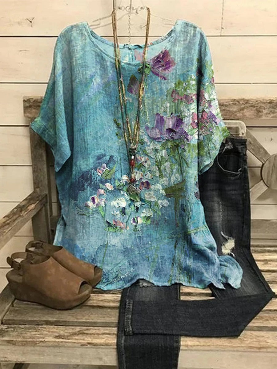 Blue Casual Graphic Tops Round Neck Floral Printed Short Sleeve Blouse