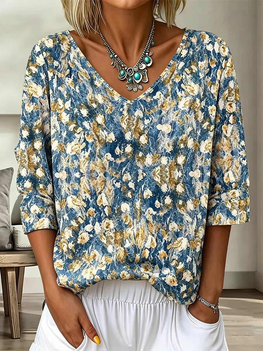 Blue Floral Print 3/4 Sleeve V-Neck Blouse