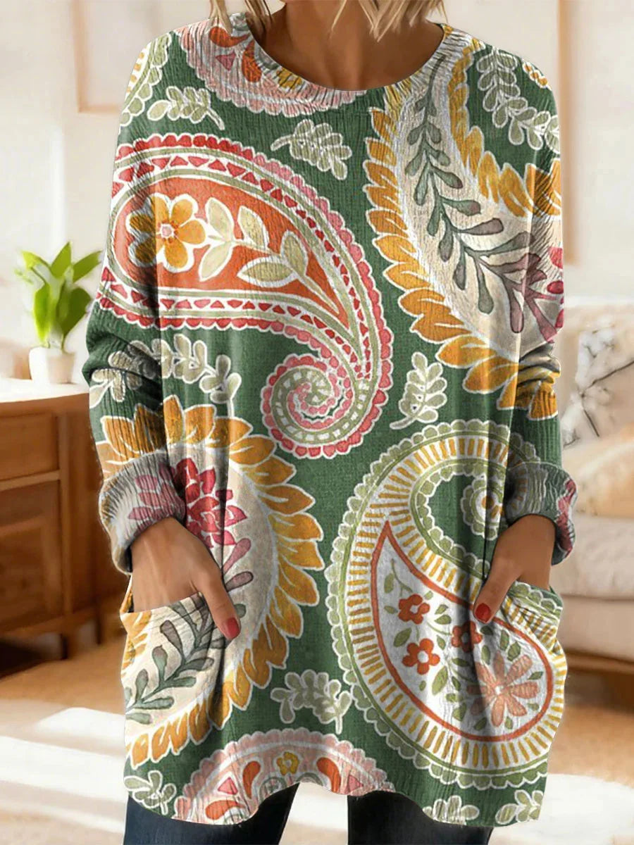 Women's Retro Floral Ethnic Art Print Casual Round Neck Long Sleeve Sweater