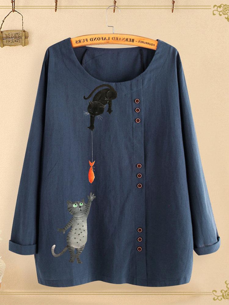 Button Cartoon Cat Print Long Sleeve Blouse