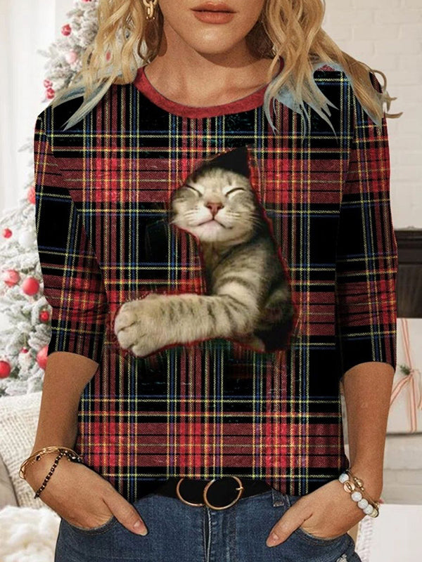 Red Casual Graphic Tops Round Neck Long Sleeve Cat Printed Plaid Sweatshirts
