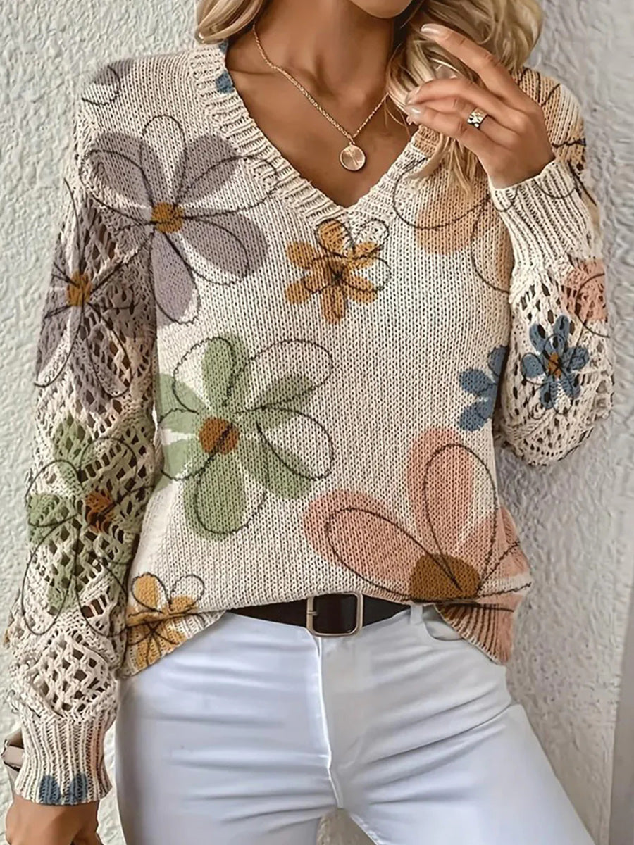 Romantic Floral Print V-neck Long Sleeve Sweater