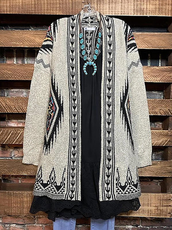 Khaki Casual Long Sleeve Geometric Printed Cardigan