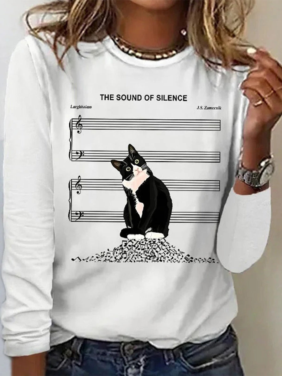 Casual Cat Print Round Neck Long Sleeve T-Shirt