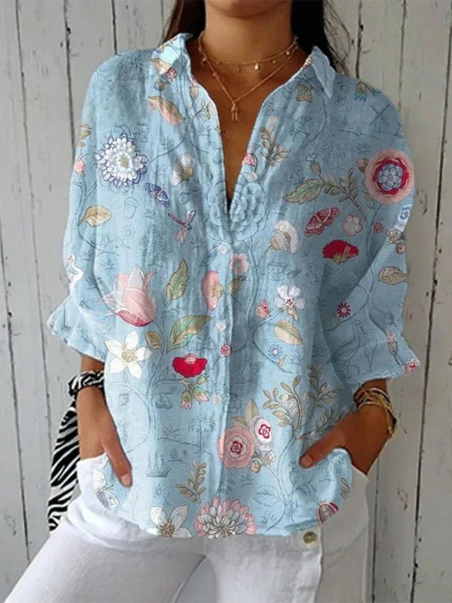 Vintage Floral Print Long Sleeve Blouse