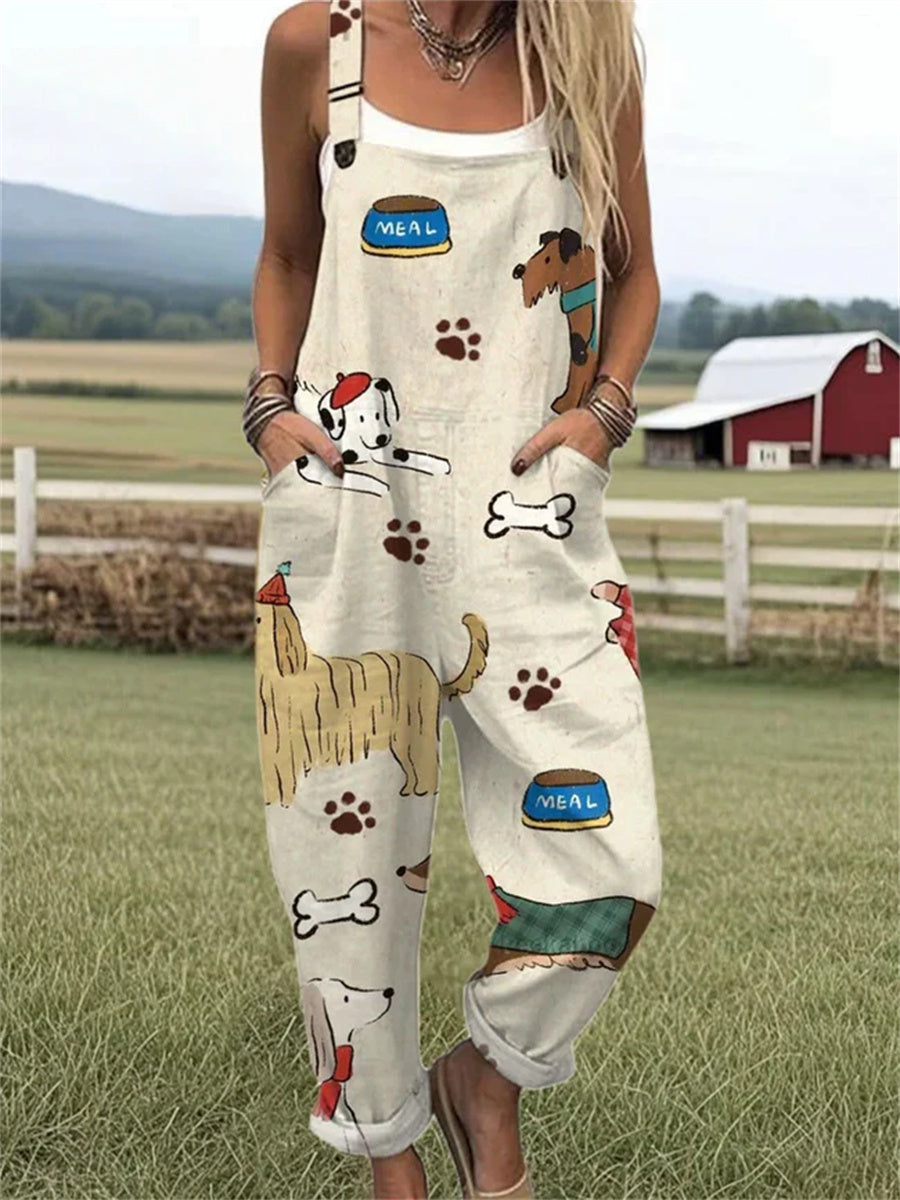 Women's Funny Dog Art Print Casual Wide Leg Jumpsuit