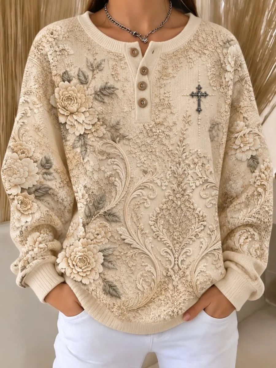 Casual Floral Henley Collar Long Sleeve Sweatshirt