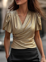 Gold V-neck Short Sleeve Plain Top
