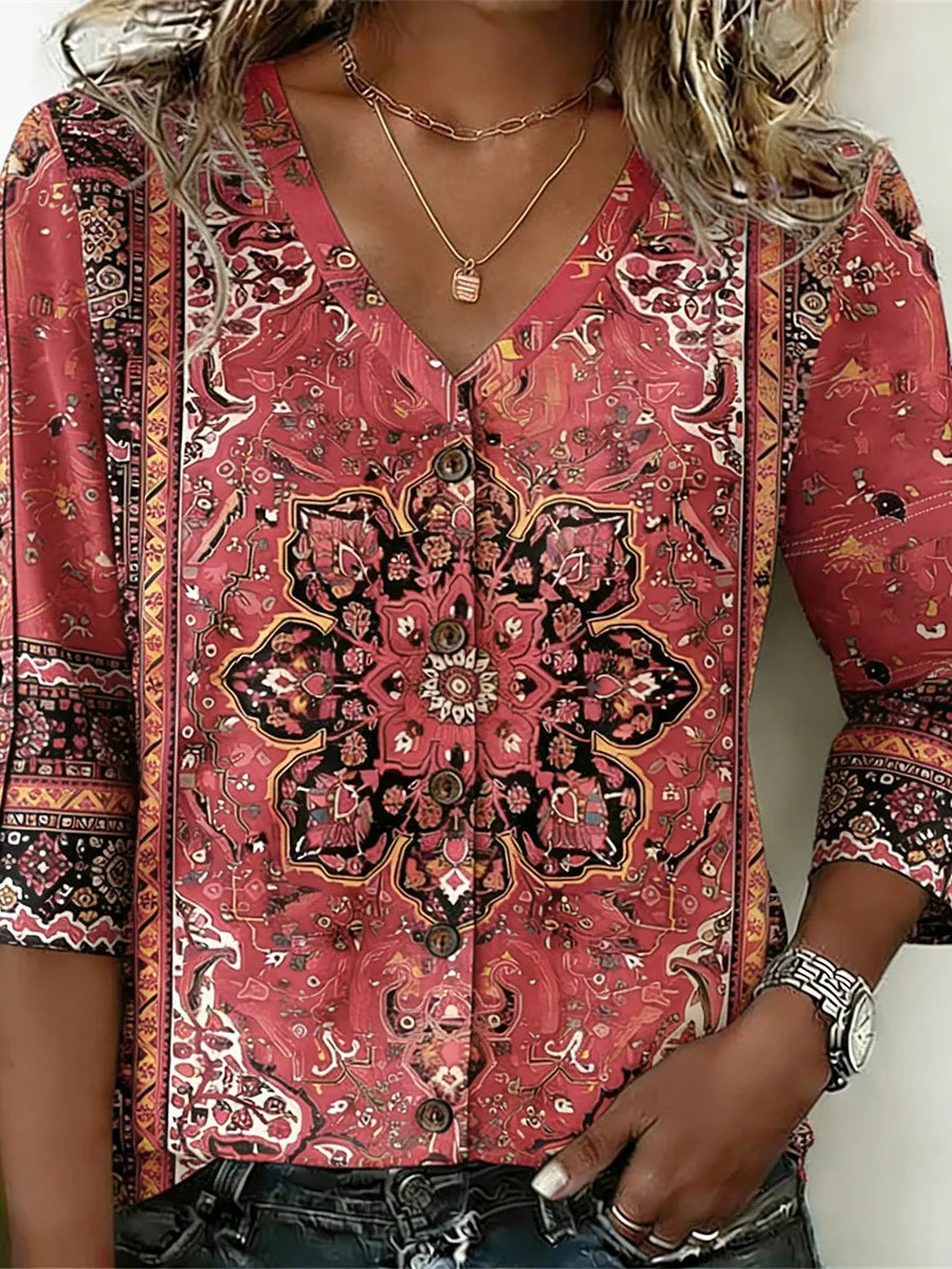 Special Red Boho Print V-Neck 3/4 Sleeve Top