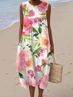 Women's Vintage Floral Art Print Crew Neck Sleeveless Dress