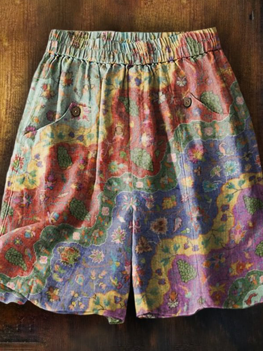 Women's Vintage Bohemian Collage Art Printed Casual Pocket Shorts