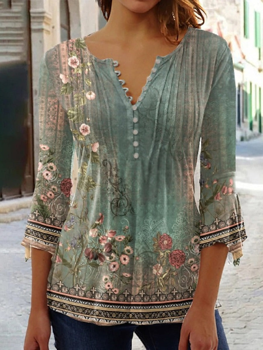 Green Casual V Neck Floral Printed Long Sleeve Blouse