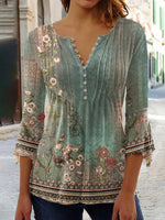 Green Casual V Neck Floral Printed Long Sleeve Blouse