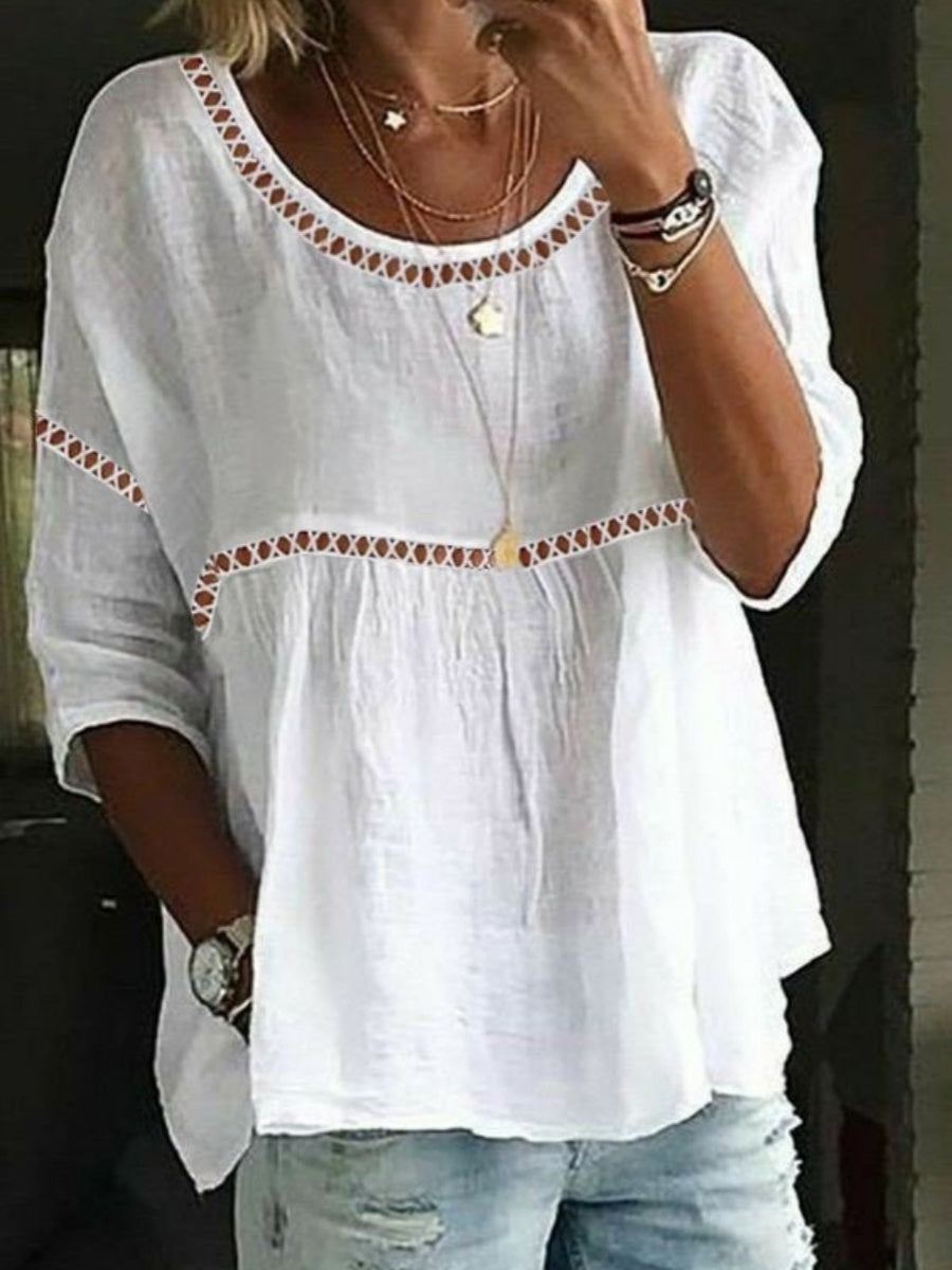 Plain Crew Neck 3/4 Sleeve White Comfy Blouse
