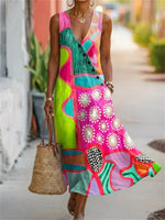 Vintage Colourful V-neck Sleeveless Dress