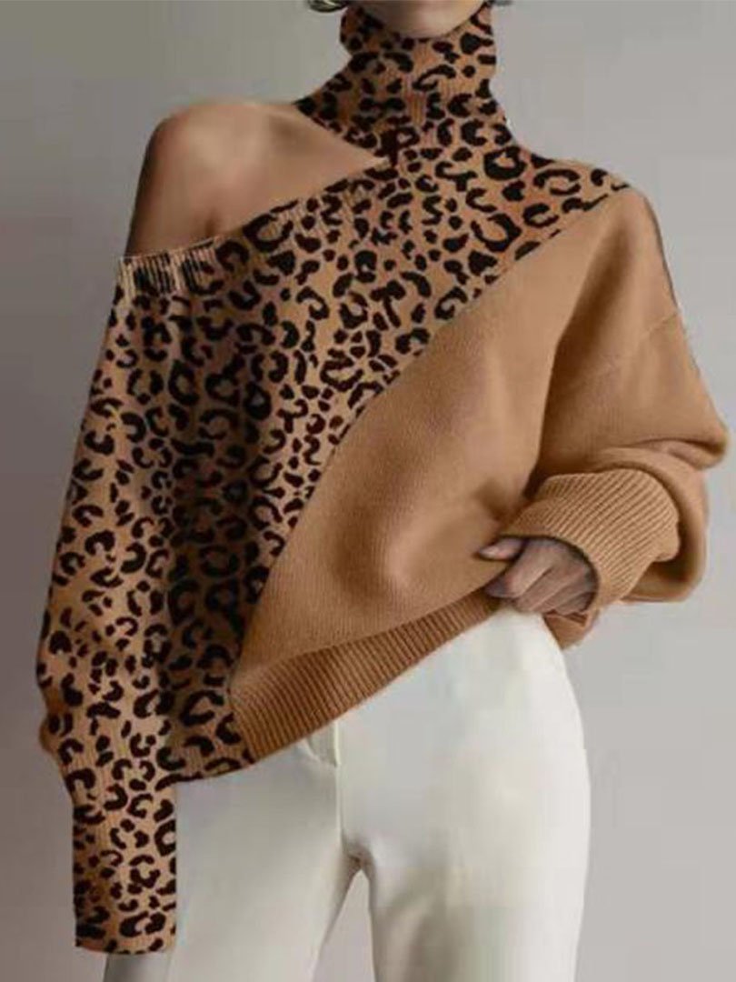 Fashion High Neck Off-the-Shoulder Long Sleeve Sweater