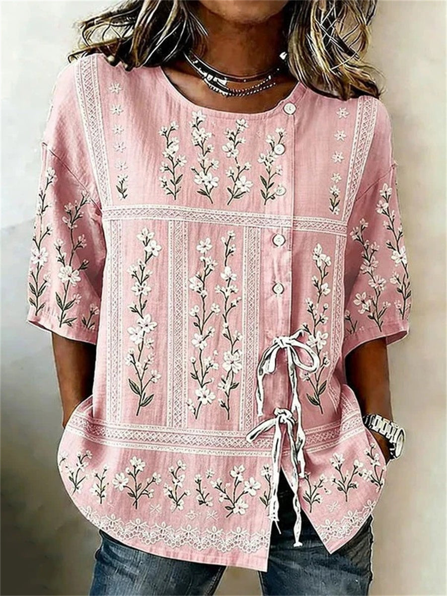 Vintage Floral Print Round Neck Half Sleeve Blouse