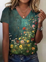 Modern Floral Print V-neck Short Sleeve Top