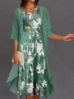 Women's Green Floral Layered Midi Dress with Chiffon Open-Front Cardigan