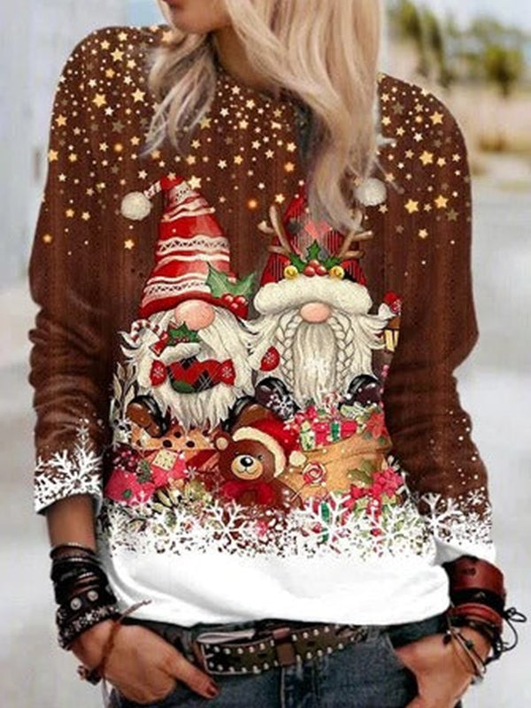 Multicolor Casual Graphic Tops Round Neck Long Sleeve Santa Claus Printed Xmas Sweatshirt