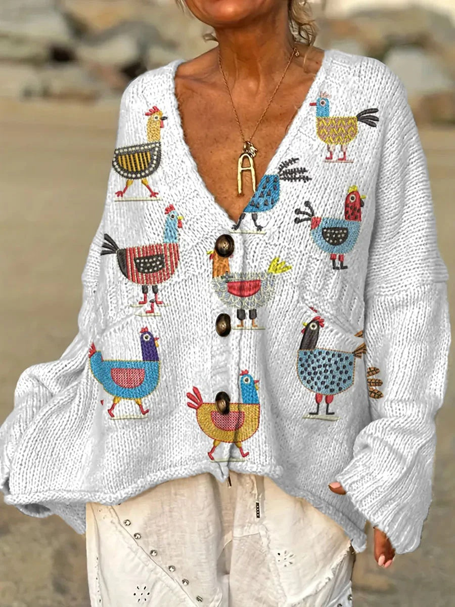 Women's Vintage Chicken Art Print V-neck Long Sleeve Casual Pullover Sweater