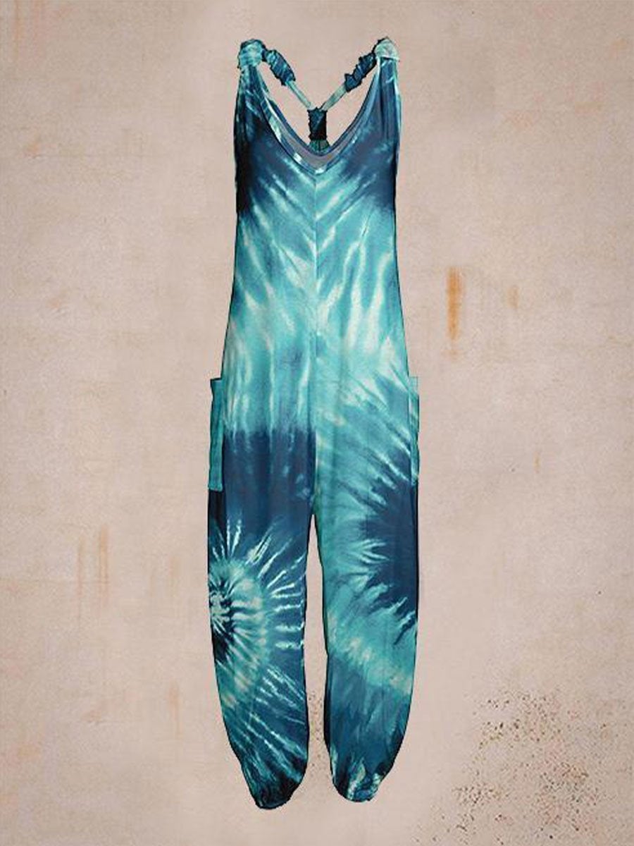 Blue Casual Summer Printed Sleeveless Jumpsuit