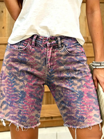 Women's art print denim shorts, adorned with leaf patterns