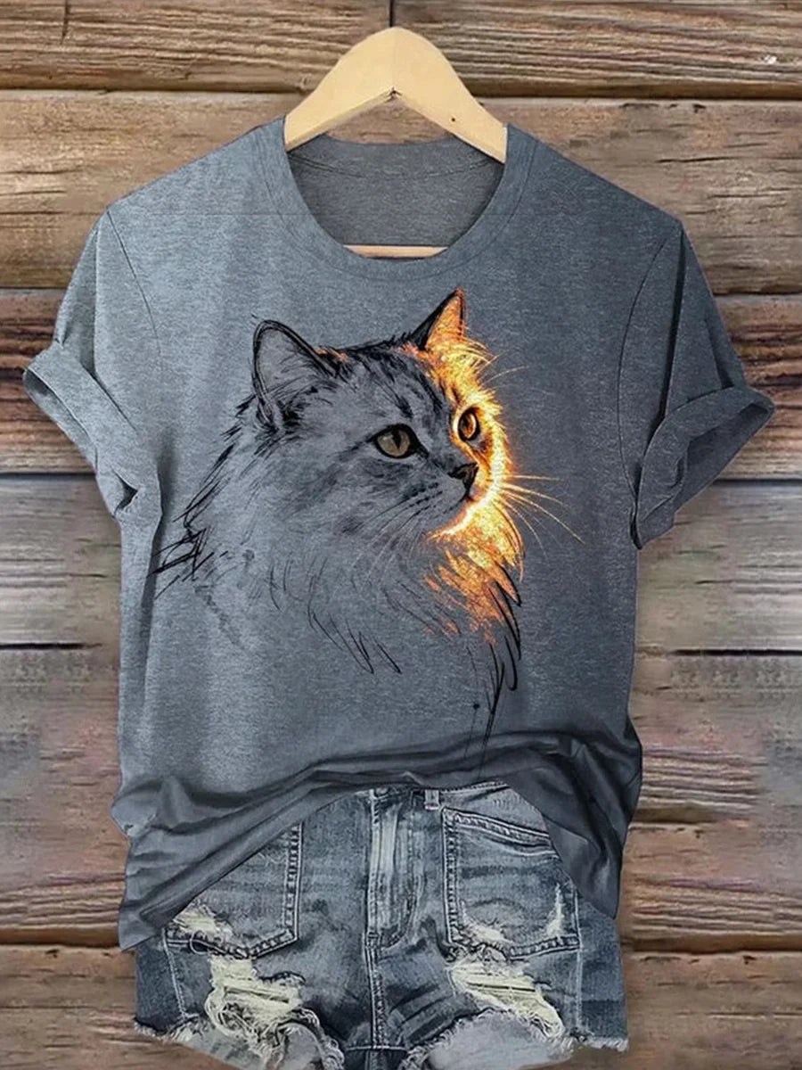 Casual Cat Print Round Neck Short Sleeve T-Shirt