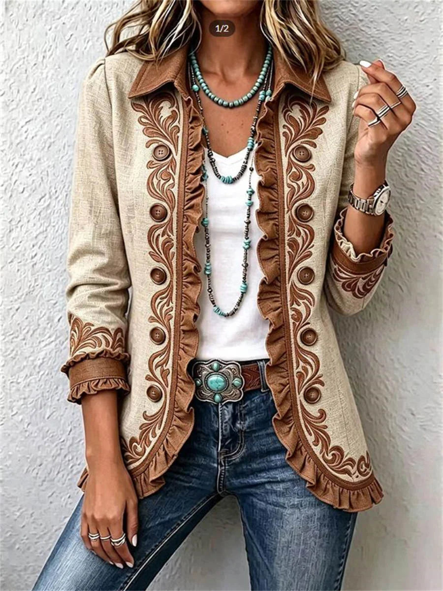 Vintage-style Bohemian Floral Print Ruffled Long Sleeve Jacket
