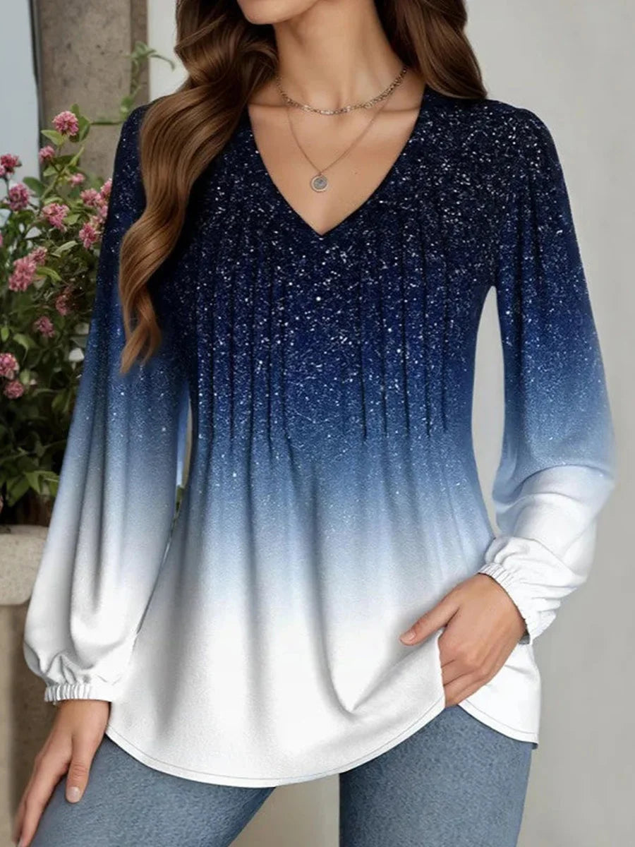 Casual Gradient V-neck Long Sleeve Blouse