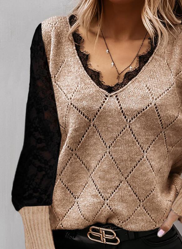 Color Block Lace V-Neck Casual Sweaters