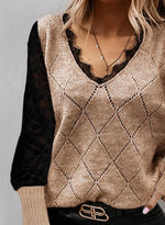 Color Block Lace V-Neck Casual Sweaters