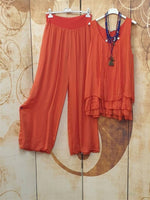 Orange Casual Style Ruffles Solid V-neck Sleeveless Two Piece Suit