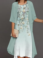 Elegant Half Sleeve Crew Neck Floral Print Loose Green Dress