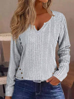 Button Plain Notched Neck Long Sleeve Blouse