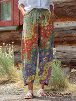 Women's Colorful Ethnic Totem Collage Art Printed Cotton Linen Casual Pants