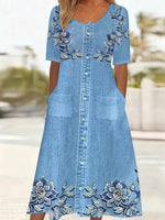 Vintage Floral Print Round Neck Short Sleeve Dress