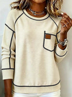 Ribbed Contrast Stitching Pocket Round Neck Long Sleeve Knit Sweater