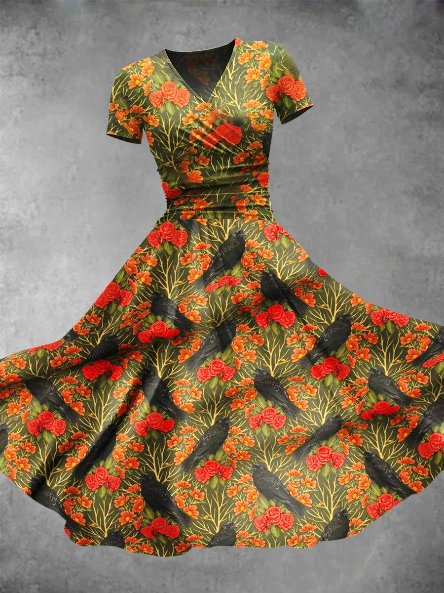 Crow Flower Dark Gothic Halloween Art Print Maxi Dress
