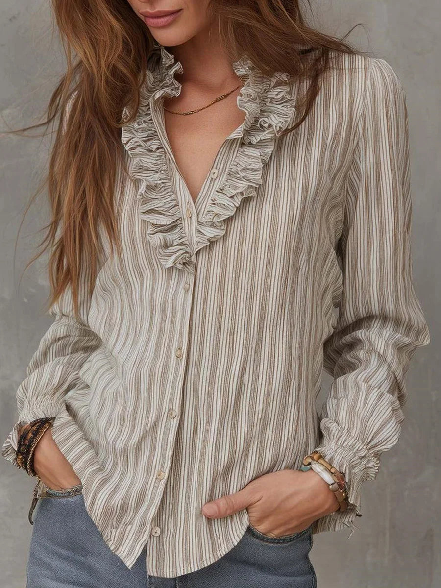 Casual Brown Striped Long Sleeve Blouse
