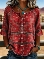 Vintage Ethnic Print Round Neck 3/4 Sleeve Blouse