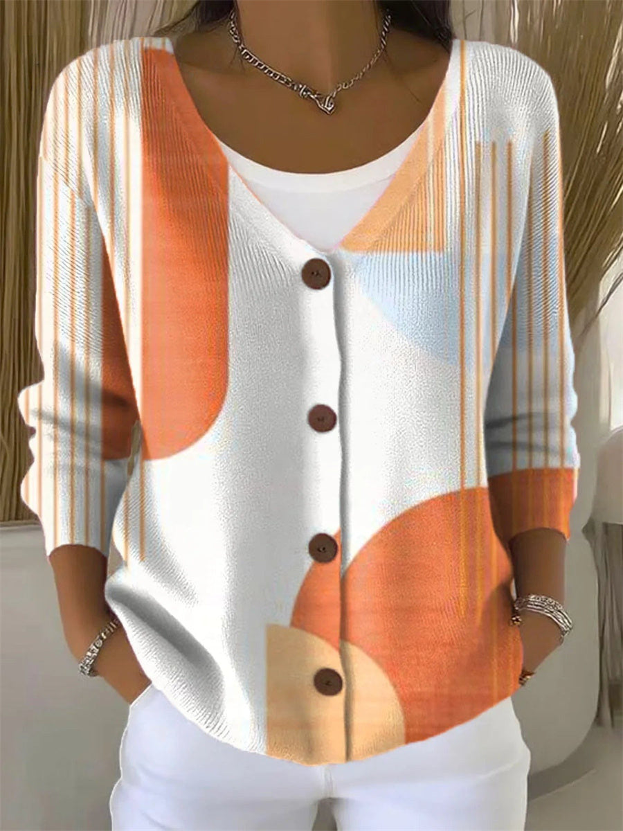 Abstract Geometric Print Buttoned V-neck Long Sleeve Comfy Cardigan