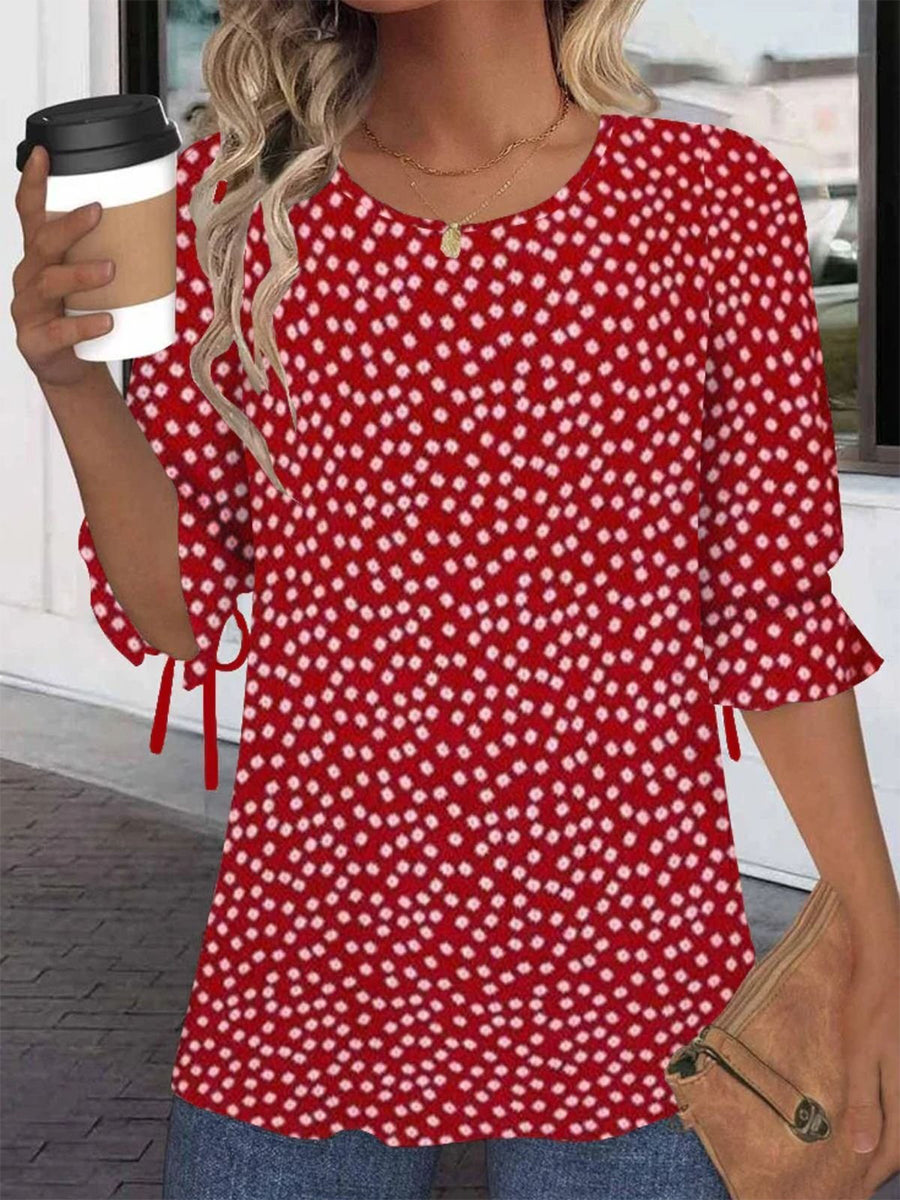 Red Crew Neck Half Sleeve Loose Blouse