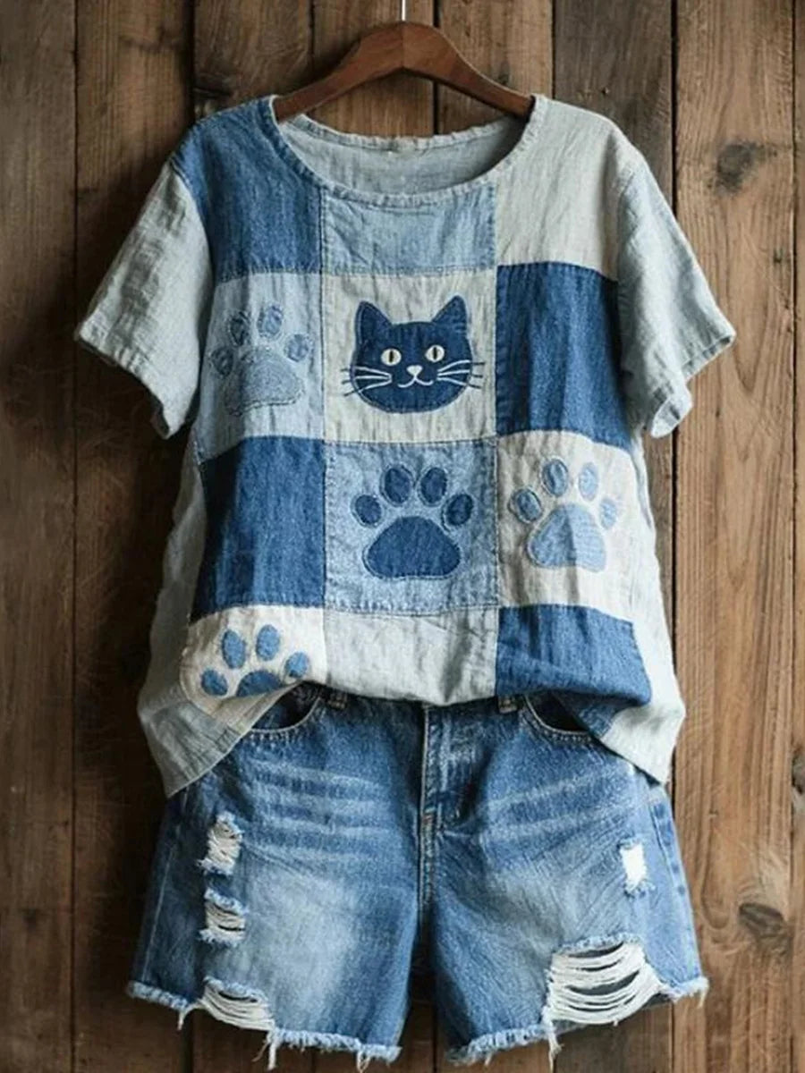 Vintage Cat Print Round Neck Short Sleeve T-Shirt