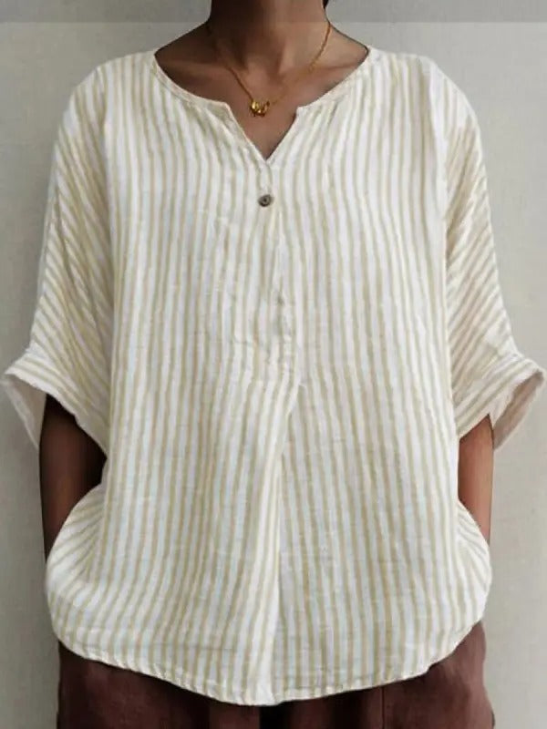 White Apricot Casual V Neck Stripe Printed Half Sleeve Blouse